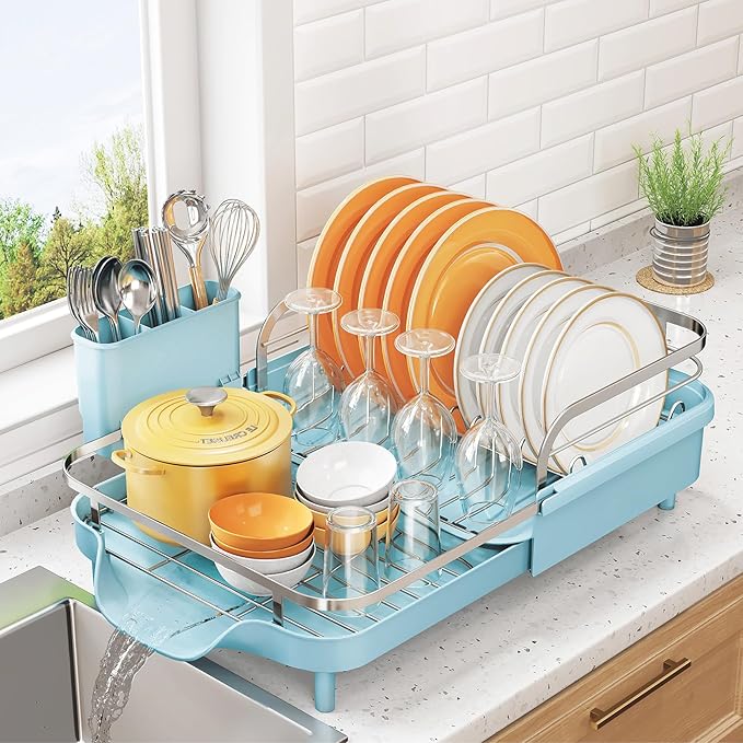 SNTD Dish Drying Rack, Expandable Dish Rack for Kitchen Counter, Stainless Steel Dish Drainer with Drainboard Set and Utensil Holder (Blue)
