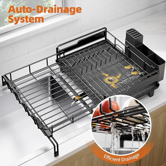 Urackify Dish Drying Rack - Extendable Dish Drainer, Large Dish Rack for Kitchen Counter, Rustproof Dish Strainer with Utensil Holder and Cups Holder, 1 Tier Black