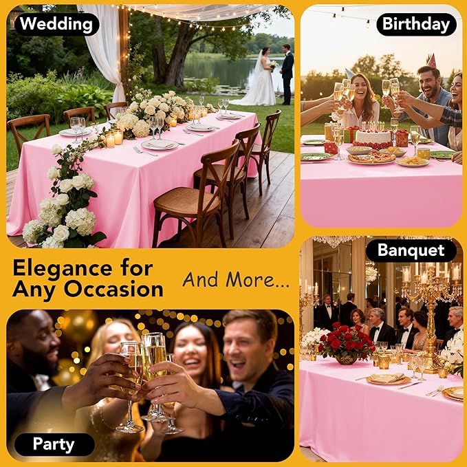6-Pack Pink Tablecloths for Rectangle Tables, 90 x 132 Inches, Stain-Resistant Polyester Fabric for 8 Foot Tables - Washable Table Covers for Weddings, Banquets, Birthday Parties, Events