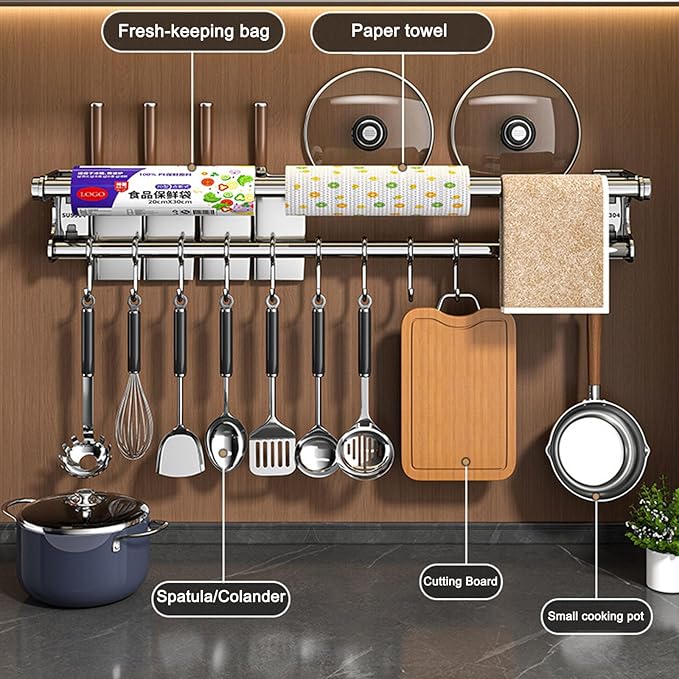 Hanging Wall Mount Knife Wall Mount,Kitchen Utensil Hanger,Space-Saving Kitchen Utensil Rack with Hooks,Kitchen Storage Shelf for Utensils Spatula Spoon, Easy to Clean (Silver, 50CM+10Hook)