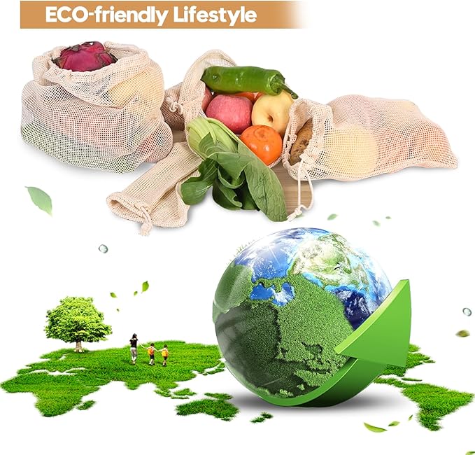 Ycsst 9 Pack Reusable Produce Bags, Cotton Mesh Vegetable & Fruit Bags for Grocery Shopping, Washable Eco Friendly Produce Storage, Reusable Grocery Bags Set (3 Sizes)