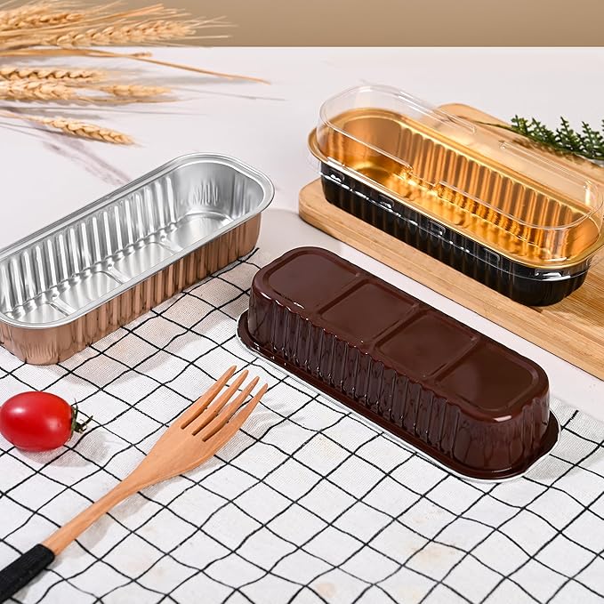 Findful Mini Loaf Baking Pans with Lids and Spoons (50 Pack, 6.8oz) Rectangle Aluminum Foil Baking Pans Tins Containers - Cupcake Containers Wrappers Cheesecake Creme Brulee Ramekins