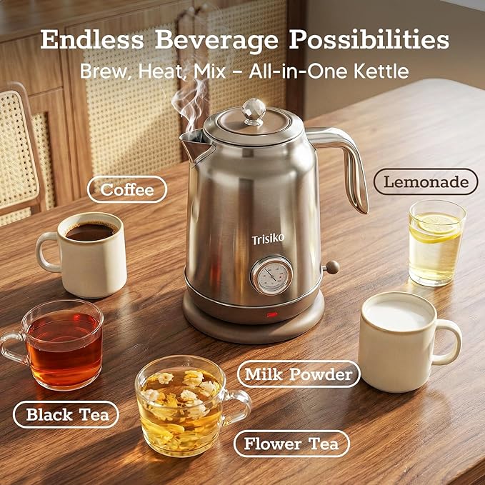 Trisiko® 1.7L Large Electric Kettle with Thermometer,57.oz Electric Tea kettle with Automatically Shut Off,304 Stainless Steel,1200W Hot Water Kettle Electric for Coffee&Tea (Chrome)