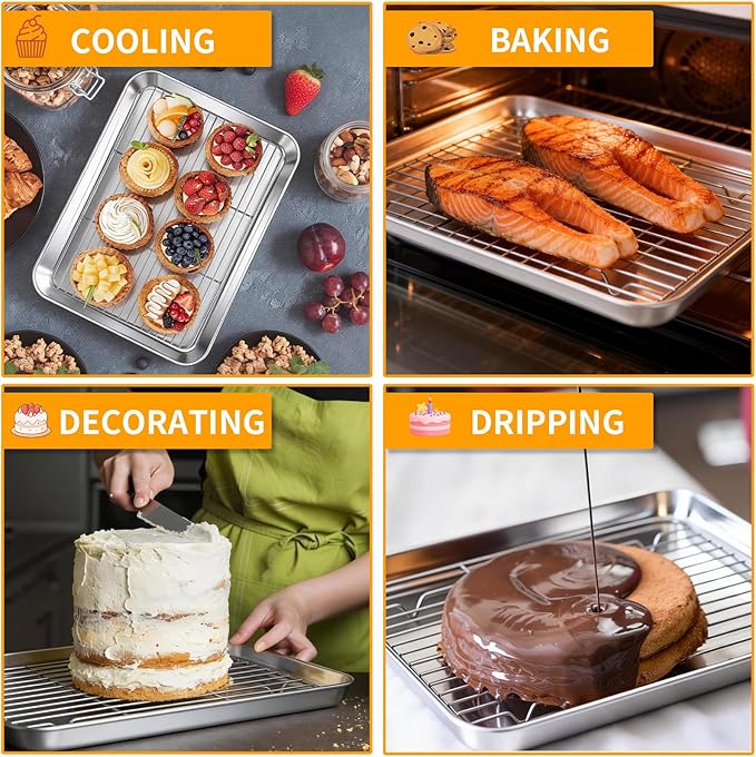 Baking Sheet Pan Set of 8, CEKEE Stainless Steel Cookie Sheets for Baking with Cooling Rack, Small/Quarter/Jelly Roll Pans, 9/10/12/16 Inch, 0.8mm Thick Heavy Duty & Non Toxic & Easy Clean