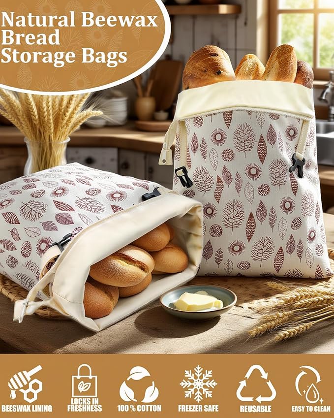 Reusable Beeswax Bread Bags with Zipper, Sourdough Bread Storage Bags for Homemade, Keep Bread Fresh, Natural Beeswax & Cotton Liner, Freezer-Safe Baguette Bag 17"×13", 2 Pack