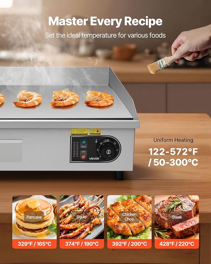 VEVOR Commercial Electric Griddle, 28.54 x 15.75 in, 2800W, 122-570°F Adjustable Temp Control, Stainless Steel, Half Grooved Half Flat, with 2 Spatulas, 2 Brushes, and 4 Foot Pads, for Steak(NO PLUG)