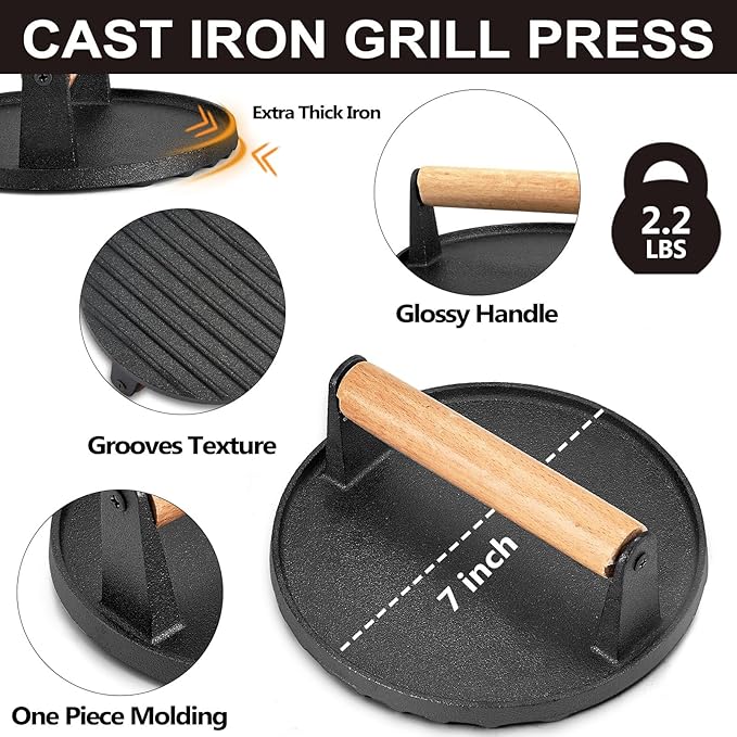 Griddle Accessories Smash Burger Kit (5Pcs), Joyfair Grill Spatula with 9in Melting Dome & Bacon Press Set, Stainless Steel Turner, Basting Cover, Cast Iron Press for Outdoor BBQ (ABS Handle)
