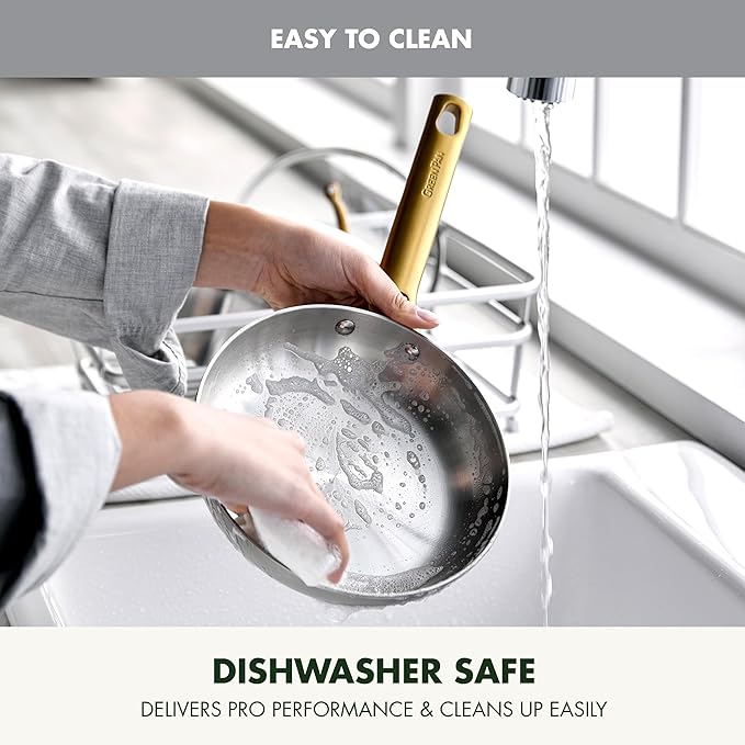 GreenPan Stainless Steel Tri-Ply Reserve 8” Frying Pan Skillet, Multiclad Cookware, Induction, Oven & Broiler Safe to 600°F, Heat Responsive Core, Dishwasher Safe, Gold Handle