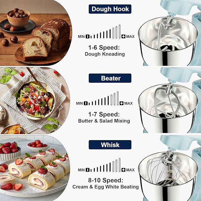 Camic Stand Mixer, 4.2QT+5.3QT Two bowls Electric Food Mixer, 10 Speeds with Digital setting 3-IN-1 Kitchen Mixer for Baking Cakes Cookie Bread Salad with Egg Whisk,Dough Hook,Flat Beater (Blue)