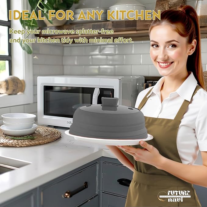 Collapsible Microwave Splatter Cover, Glass Silicone Foldable Microwave Lid for Food, 10.8 Inch Grease Splatter Guard for Pots, Pans & Bowls, Grey