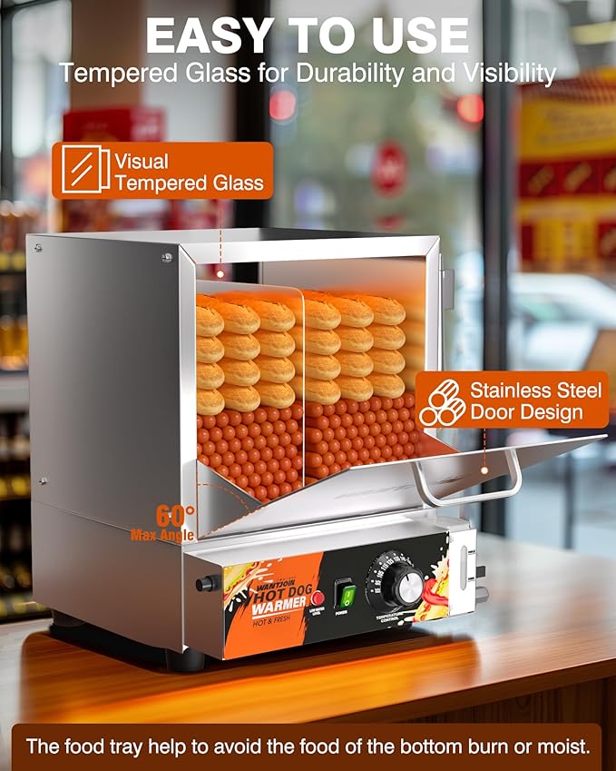 WantJoin Hot Dog Steamer Machine - 28.8QT Commercial Electric Stainless Steel Hotdog Machine with Bun Warmer Tempered Glass Steamer Machine for 160-175 Sausages and 30-40 Buns