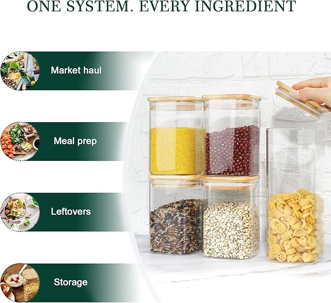 LIBWYS 12-Pack Square Glass Storage Jars with Bamboo Lids (0.6Qt/1.06Qt) - Stackable Food Containers for Pantry Organization, Coffee, Flour, Snacks, Tea | Kitchen Canisters Set