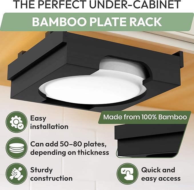 10 inch Paper Plate Dispenser Holder Bamboo Under Cabinet Vertical Rack for Kitchen Countertop Organizer Space Saver Shelf Lid Holder Counter Storage Can Dispenser Pantry Aid Caddy Estante (Black)