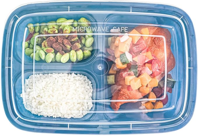 Asporto 26 Ounce Compartment Take Out Boxes, 100 Microwavable Meal Prep Containers - 3 Compartments, With Clear Plastic Lids, Midnight Blue Plastic Food Containers, Do Not Contain BPA - Restaurantware