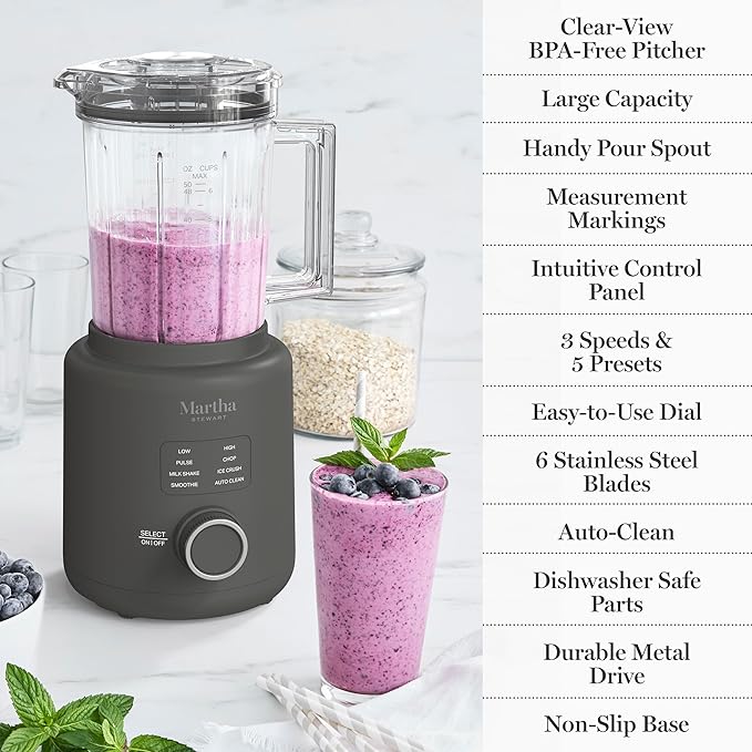 Martha Stewart 50oz Countertop Blender, Smoothie, Margarita & Ice Crushing Blender, BPA-Free Pitcher, 3 Speeds, 5 Presets, Auto-Clean Function, Dishwasher Safe, Stainless Steel Blades, Caviar Gray