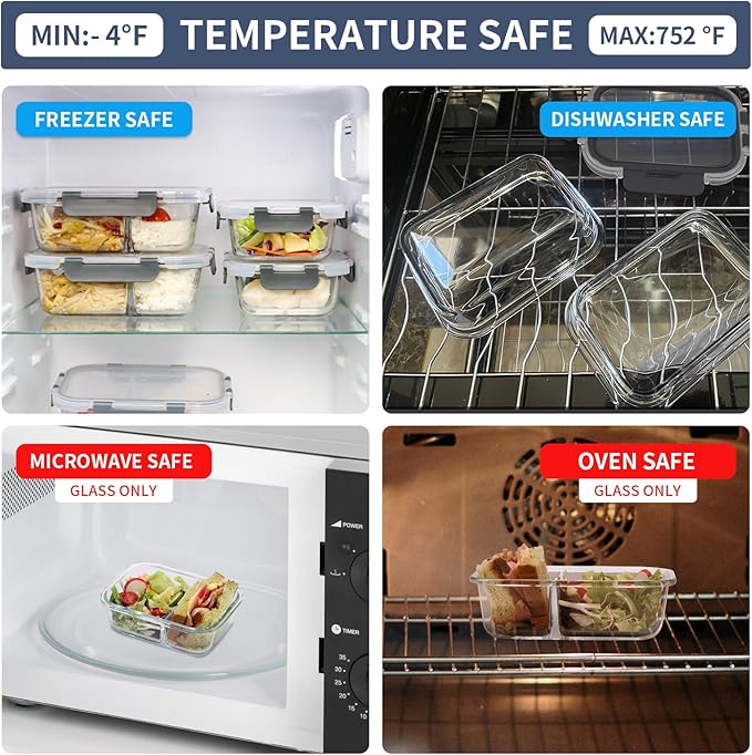 GULFLIN 2 & 3 Compartment Meal Prep Containers - Glass Food Storage Lunch Containers with Lids, Bento Box, Portion Control, Freezer to Microwave Safe