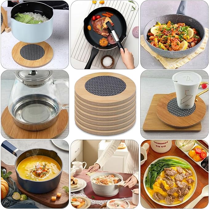 8 Pcs Wooden Trivets Hot Pads for Kitchen,5.7 Inch Trivets with Anti - Slip Mesh for Coffee Mat/Table Mats/Frying Pans/Hot Pot/Bowl/Teapot/(Round)