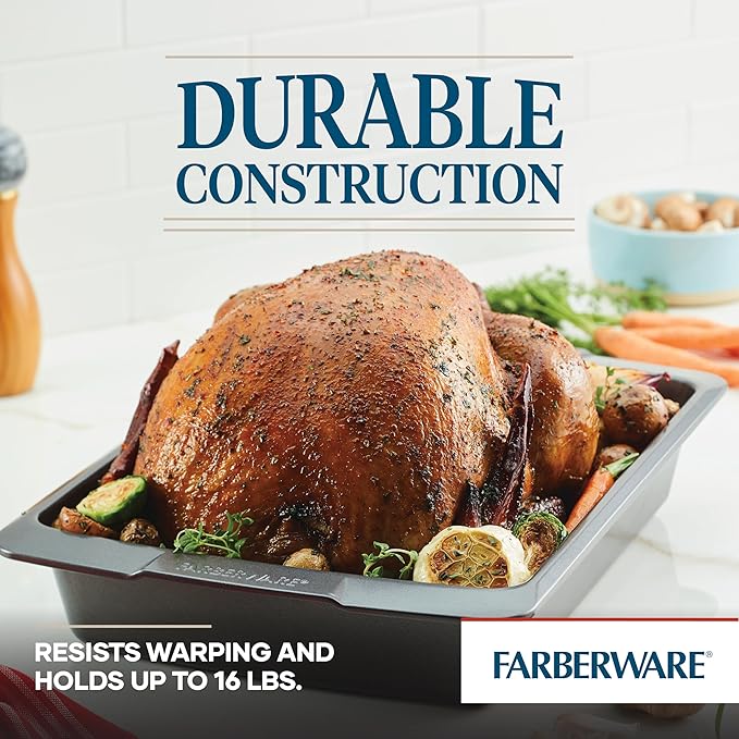 Farberware Bakeware Nonstick Roasting Pan/Roaster with U-Rack, 14.75 Inch x 10.75 Inch - Gray