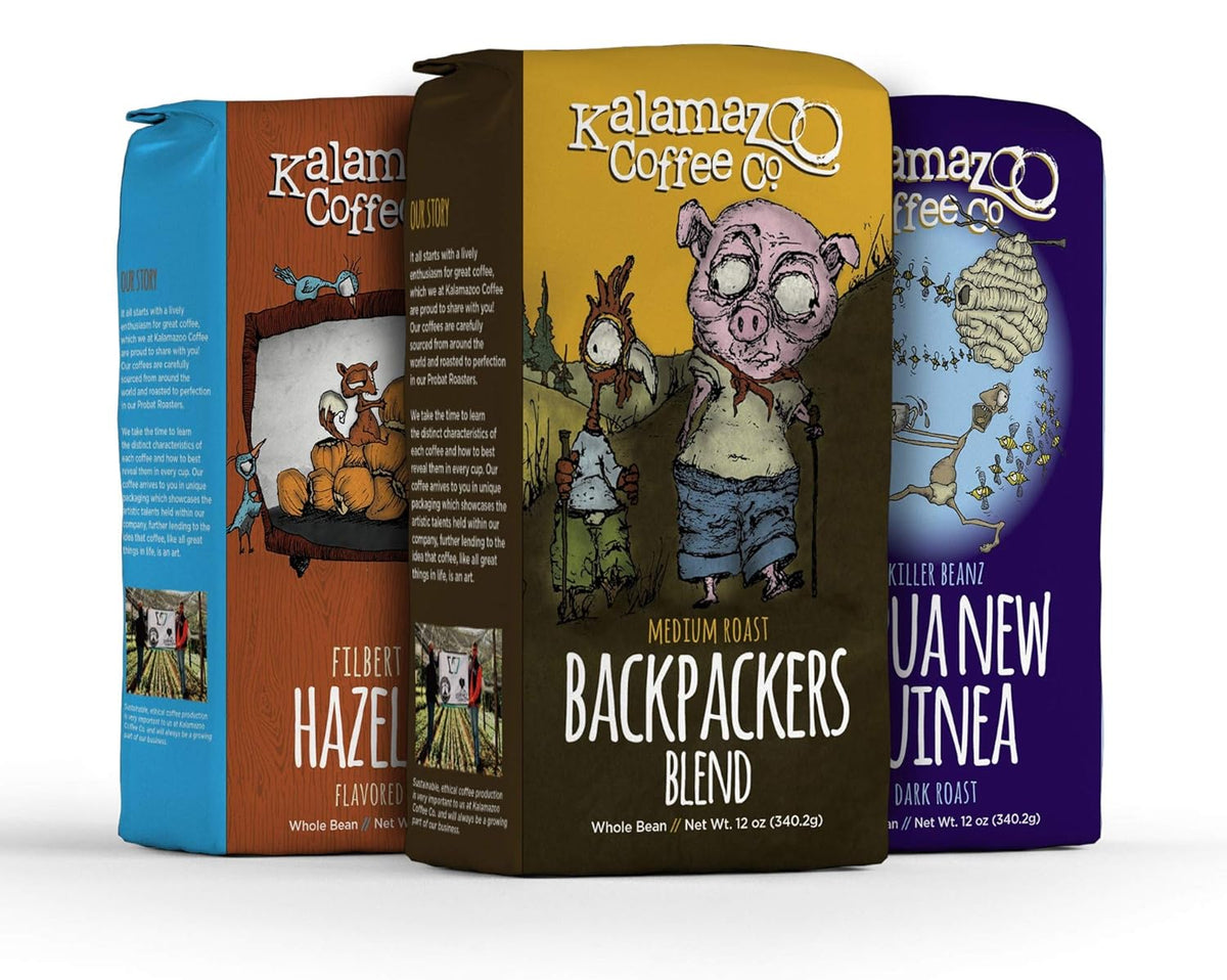 KALAMAZOO COFFEE COMPANY Whole Bean Coffee Variety Pack - Hazelnut, Backpackers Blend, & Papua New Guinea | 12oz Bag (3 Pack)