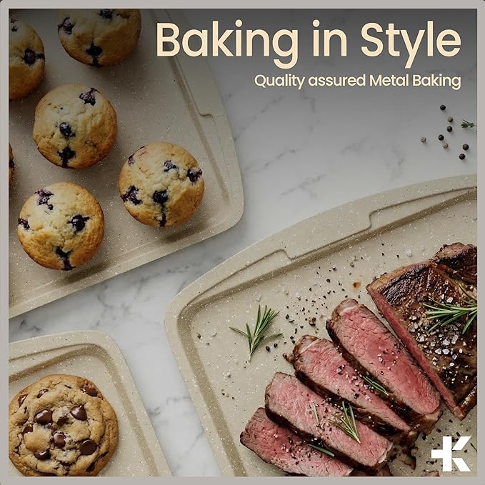 Bakken Swiss Cookie Sheet 3 Piece Set - Non-Stick, Stackable Baking Pans, White marble Deluxe Ceramic Coating – Dishwasher Safe - for Home Baking