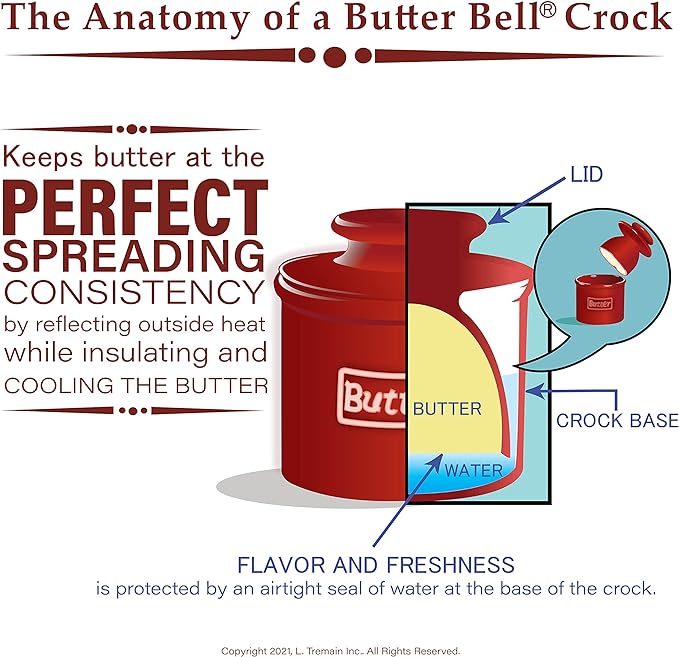 Butter Bell - The Original Butter Bell crock by L Tremain, a Countertop French Ceramic Butter Dish Keeper for Spreadable Butter, Café Matte & Retro Collection (BBCCWHT)