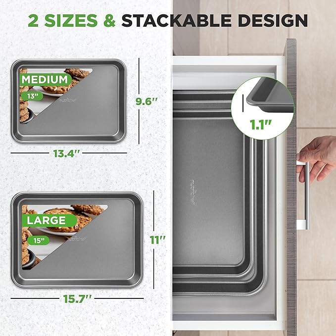 NutriChef 2-Piece Large & Medium Cookie Sheets for Baking - Non Stick Baking Sheet for Cookies, Sheet Cakes & Roasting - Dishwasher Safe - Gray