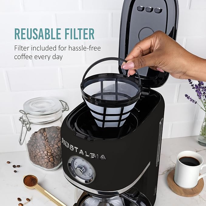 Nostalgia Classic Retro 10 Cup Coffee Maker - One-Touch Drip Brew, Reusable Filter - Anti-Drip, Auto Shutoff, & Time Display - Dishwasher Safe 50 oz Carafe - Black
