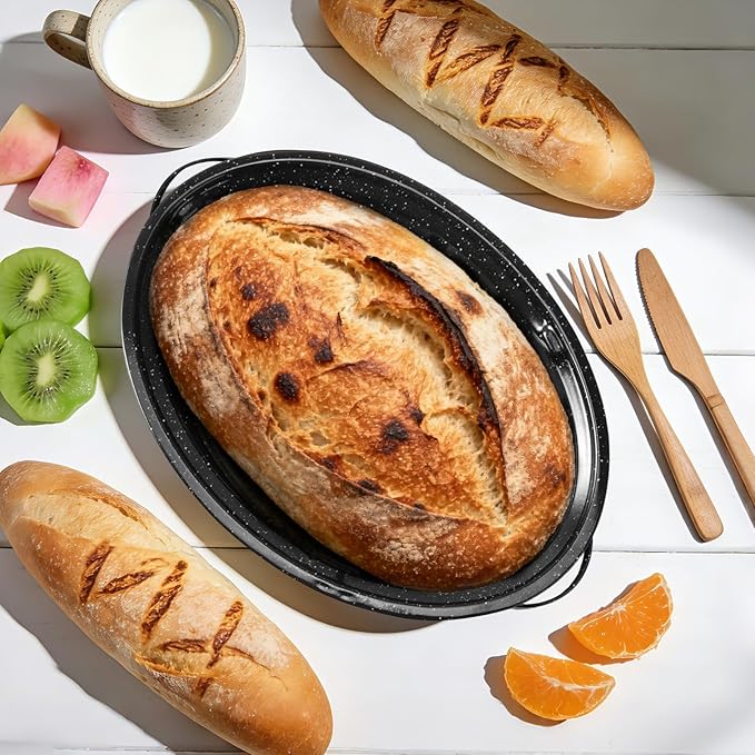 15.4" Roasting Pans for Ovens Porcelain Enameled Steel Oval Roaster Pan with Domed Lid for Turkey, Chicken, Vegetable, Lamb, Sourdough Bread