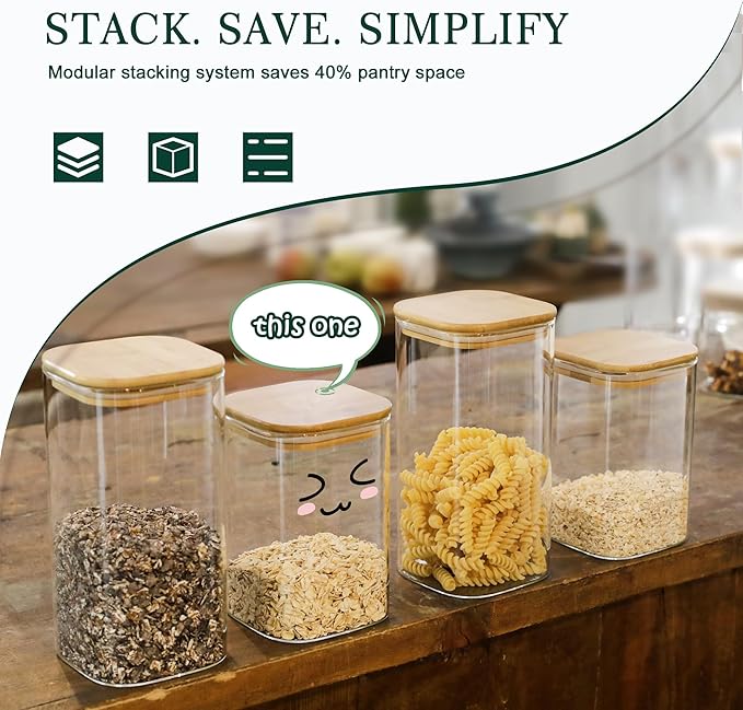 LIBWYS Kitchen Glass Jars Set with Bamboo Lids for Storage (1pcs - 1.22Qt) - Stackable Square Food Jars for Pantry Organization, Coffee, Flour, Snacks, Tea | Kitchen Canisters Set