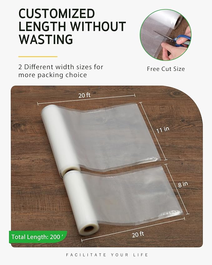 Syntus Vacuum Sealer Bags, 10 Pack 5 Roll 11" x 20' and 5 Roll 8" x 20' Commercial Grade BPA Free Bag Rolls, Food Vac Bags for Storage, Meal Prep or Sous Vide