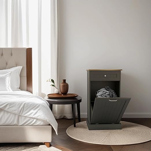 RASOO Tilt Out Trash Cabinet Wooden Freestanding Dog Proof Single Door 10 Gallons with Drawer Trash Can Cabinet