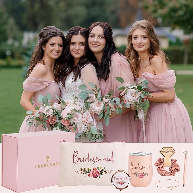 CARAKNOTS Bridesmaid Proposal Gifts Box, Will You Be My Bridesmaid Gift Set Pink Bridesmaids Box for Wedding Bridal Bachelorette Party Favor Stainless Steel Wine Tumbler 12 oz