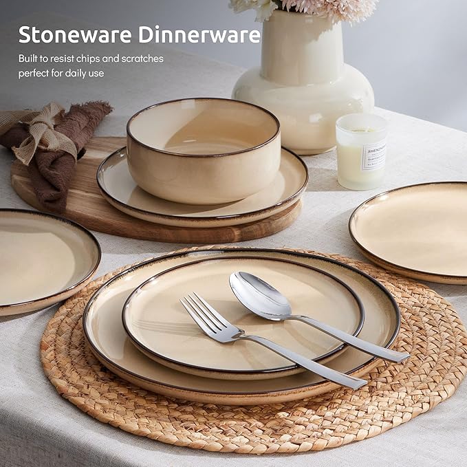 E-far 12-Piece Plates and Bowls Set, Stoneware Dinnerware Sets for 4, Reactive Glaze Ceramic Dinning Ware Dishes, Microwave & Dishwasher Safe - Sandy Beige