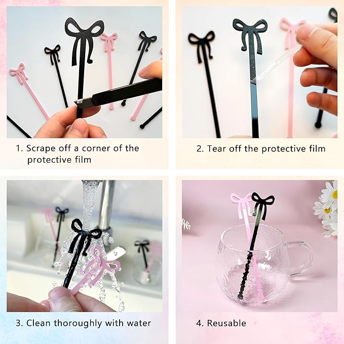 Black Bow Drink Stir Sticks 20PCS Acrylic Stirrers for Cocktail Swizzle Coffee Shirley Temple Bar Supplies Party Decorations (Black)