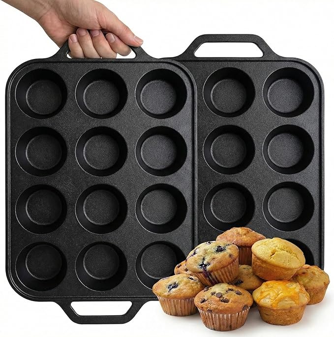 Flavehc 2pack Cast Iron Muffin Pans for Baking 12 Cup Regular Size Cupcake Pan with Handle Pre-Seasoned Muffin Pans Molds