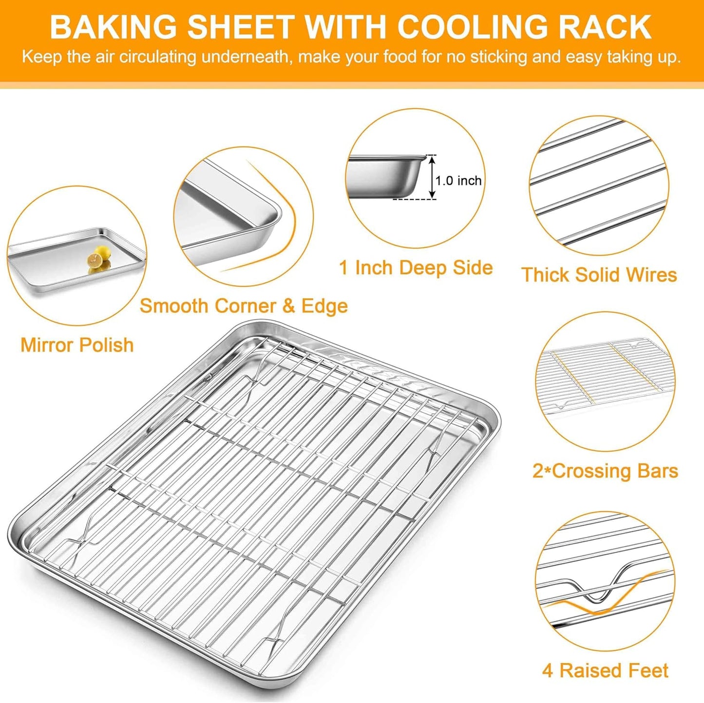 Homikit Baking Sheet with Wire Rack, 16" x 12" Stainless Steel Cookie Sheets for Baking, Thick Metal Baking Tray Jelly Roll Pan with Cooling Rack for Oven Roasting, Nonstick & Dishwasher Safe