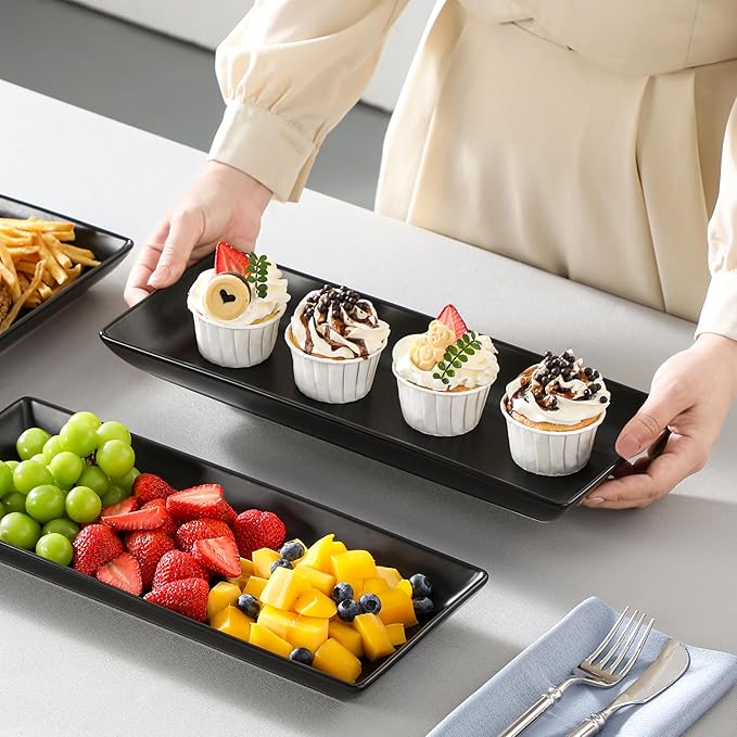 MALACASA 3 Tier Serving Trays for Party, Stoneware Serving Platters and Trays, 14 Inch Tiered Tray Stand, Fruit Tray, Trays for Serving Food, Black Dessert Stand with Collapsible Sturdier Metal Rack
