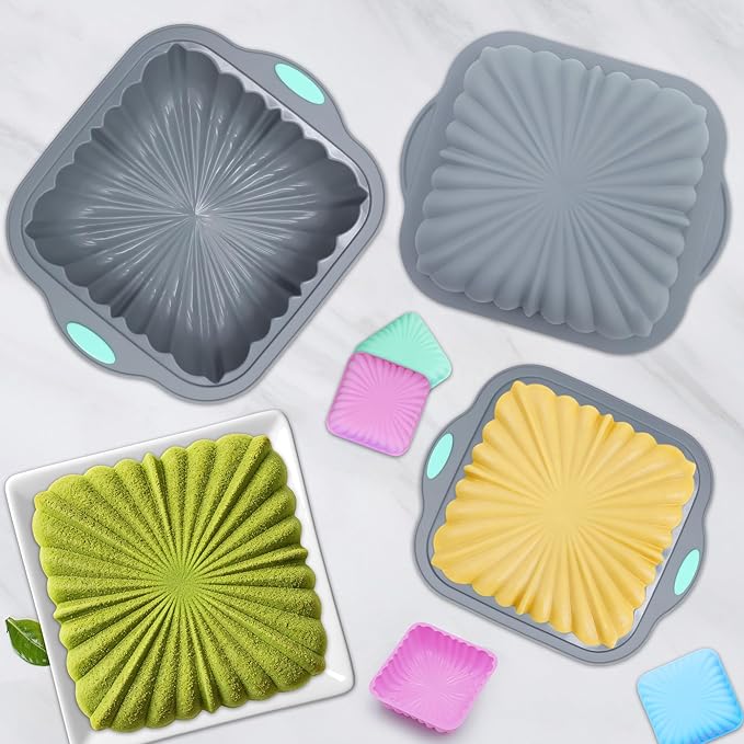 To encounter 44 Pieces Silicone Square Cake Pans Set, 3 Sizes Silicone Fluted Cake Pan with Reusable Baking Cups, Food Grade Baking Molds for Brownie, Bread, Muffin, Light Grey
