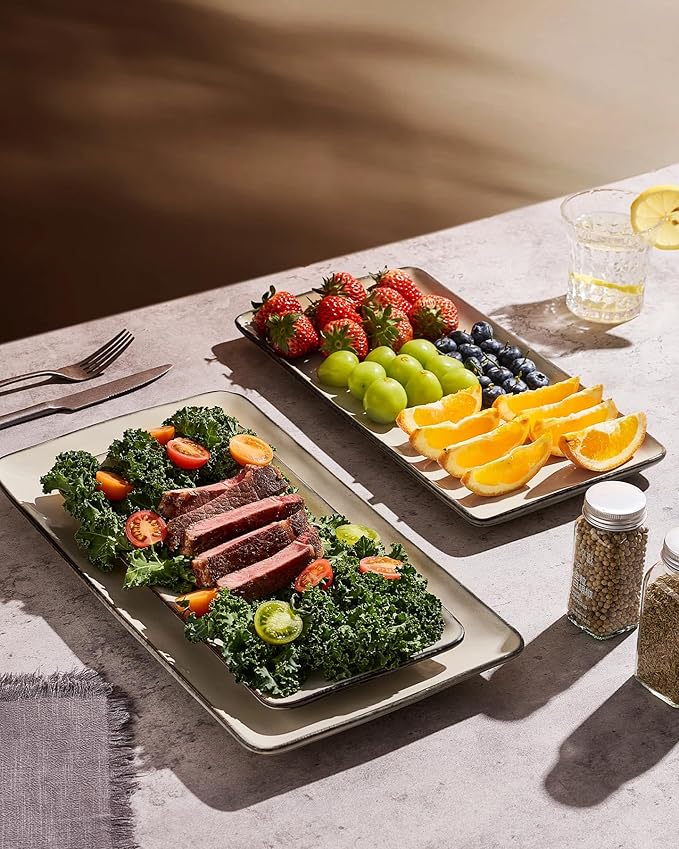 famiware Serving Platter, Rectangular 15.67/14.1/12.6inch Serving Dishes for Entertaining, Dishwasher Safe, Stoneware Serving Trays for Party, Food, Turkey, Snack, Cheese, Reactive Glaze, Light Khaki