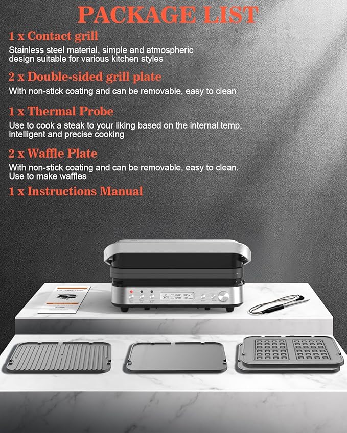 Panini Press Grill Sandwich Maker with Removable Plates, 1600W, 6 in 1 Indoor Grill with Meat Thermometer, Electric Contact Grills for Kitchen, Stainless Steel