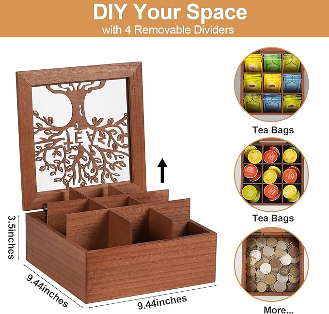 handrong Wood Tea Box Organizer,Tea Organizers and Storage with Tree Pattern,Tea Bag Holder,Decorative Tea Storage Organizer Box,9 Compartments Tea Organizer for Tea Bags Coffee