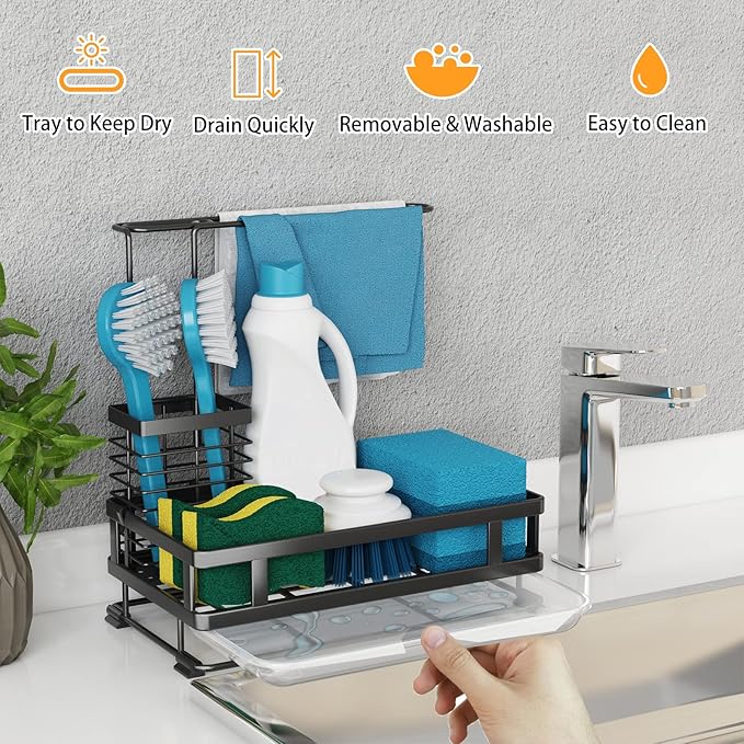 Godboat Kitchen Sink Organizer with Brush Rack, 304 Stainless Steel Dish Soap Dispenser, Sponge Holder for Kitchen Sink, Sink Caddy with Drain-Pan, Cool Kitchen Gadgets & Gifts for Women, Christmas