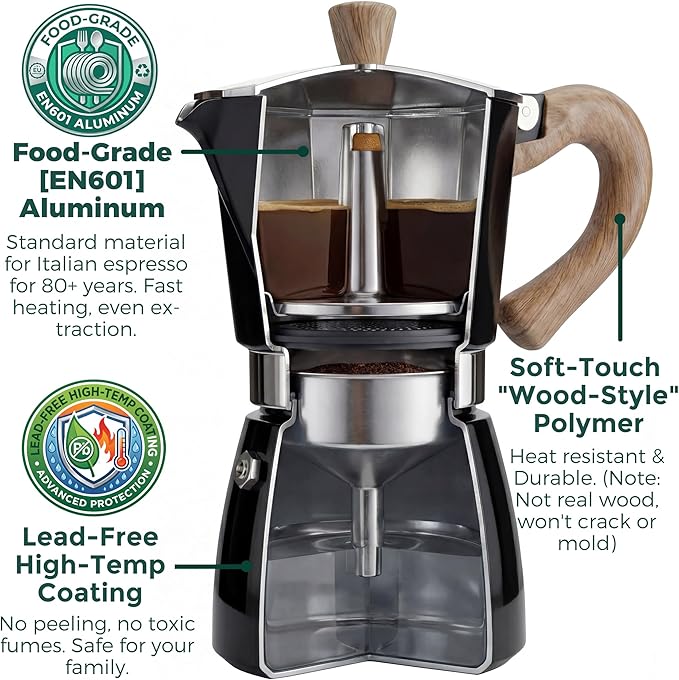 AGOGO Milano Moka Pot Stovetop Espresso Maker with 100 Paper Filters for Sediment-Free Coffee, Classic Italian Greca with Wood-Grain Handle,Cleaning Brush & Towel 6 Cup (10oz / 300ml) Black