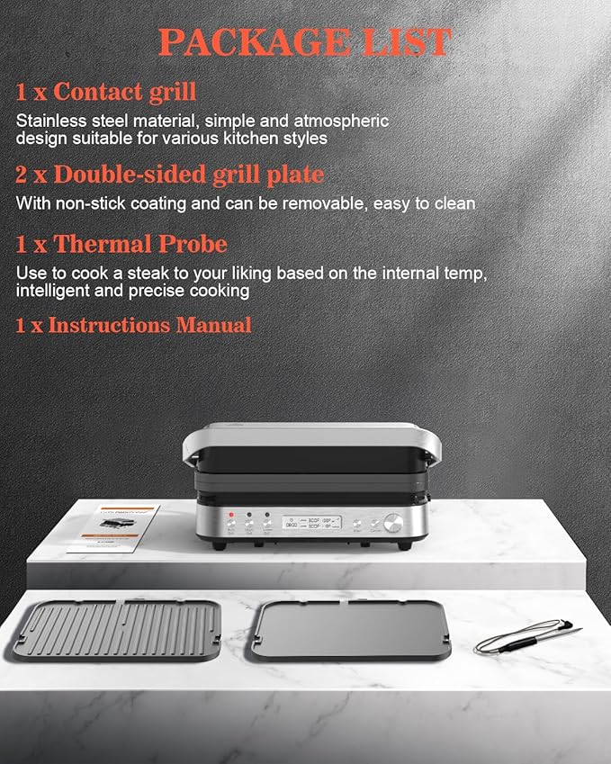 Panini Press Grill Sandwich Maker with Removable Plates, 1600W, 5 in 1 Smokeless Indoor Grill & Griddle with Meat Thermometer, Electric Contact Grills for Kitchen, Stainless Steel