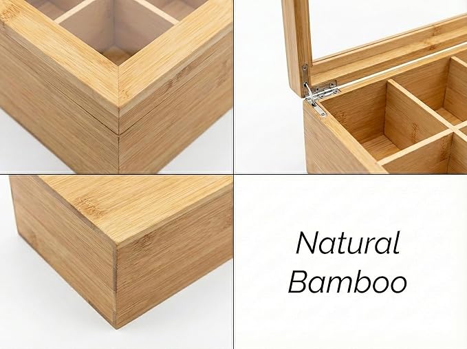 Acacia Wood and Bamboo Tea Bag Organizer - 4 & 8 Compartment Tea Box for Countertop - Tea Station & Coffee Bar Accessories - Fits Large & Craft Tea Bags (Bamboo, 8 Compartment)