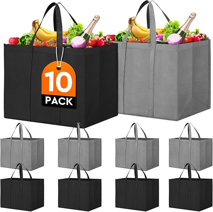 WISELIFE Reusable Grocery Shopping Bags 10 Pack Large Foldable Tote Bags Bulk, Eco Produce Bags with Long Handle for Shopping Groceries Clothes (Grey&Black)