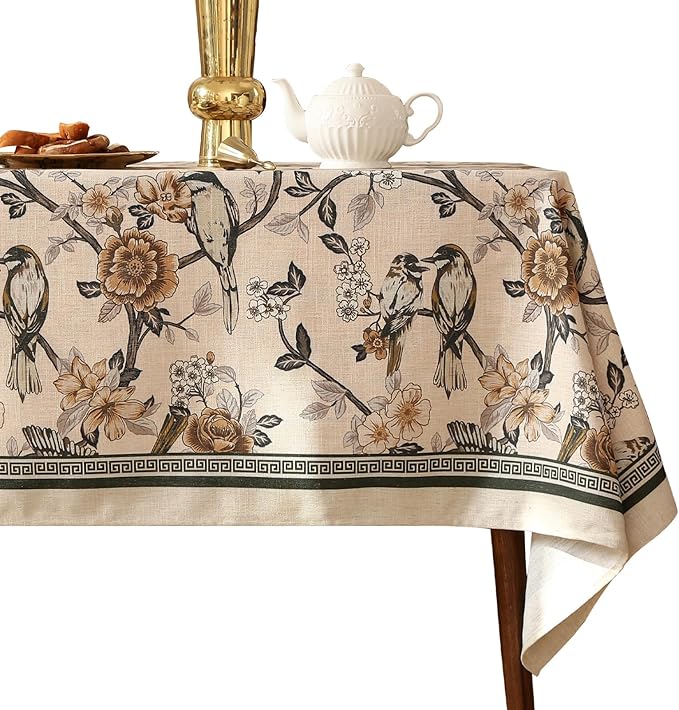 ISAENNE Designer Vintage Linen Rectangular Tablecloth,Floral and Bird Pattern Elegant Table Cloth,Fall Wrinkle Resistant Decor Tablecloths for Dining Kitchen Party Christmas,55"*87"-Murad A