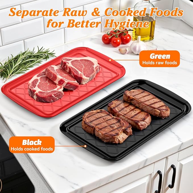 Serving Trays for Party - Set of 4, Large Serving Platters for Raw and Cooked Food, Dishwasher Safe, 17×10.5-inch Stackable Plastic Party Supplies for Grilling, BBQ, Meal Prep (Red, Black)