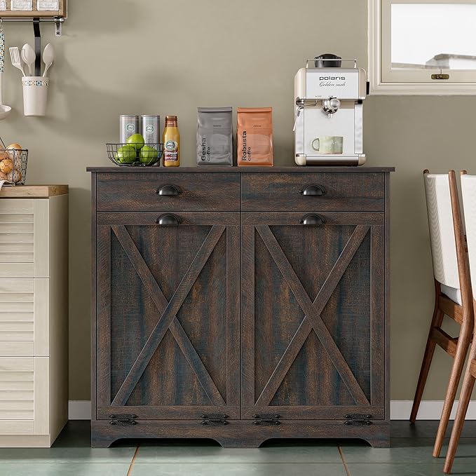 Furniouse Farmhouse Trash Can Cabinet, Double Tilt Out Trash Bin Cabinet with Barn Doors & Hideaway Drawers for Kitchen, Dark Brown
