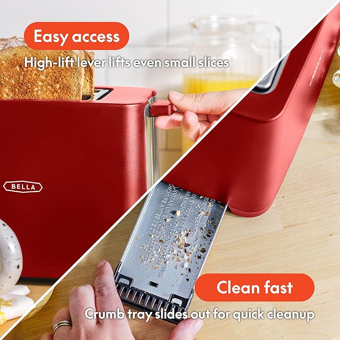 BELLA 2 Slice Toaster with Auto Shut Off - Extra Wide Slots & Removable Crumb Tray and Cancel, Defrost & Reheat Function - Toast Bread, Bagel & Waffle, Red